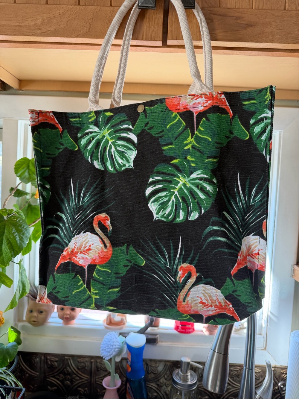 Tropical Flamingo Canvas Tote Bag in Black and Green